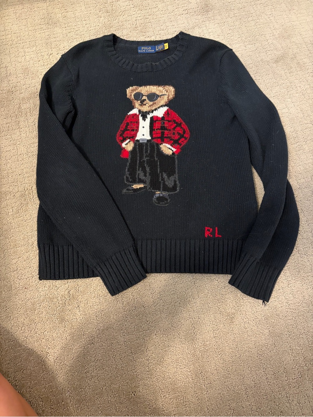 Ralph Lauren Black Bear Crewneck Sweater with Red Plaid Jacket